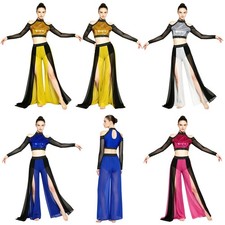 Women Lyrical Dance Pageant Mesh Top Competition Split Pants Photoshoot Sequin