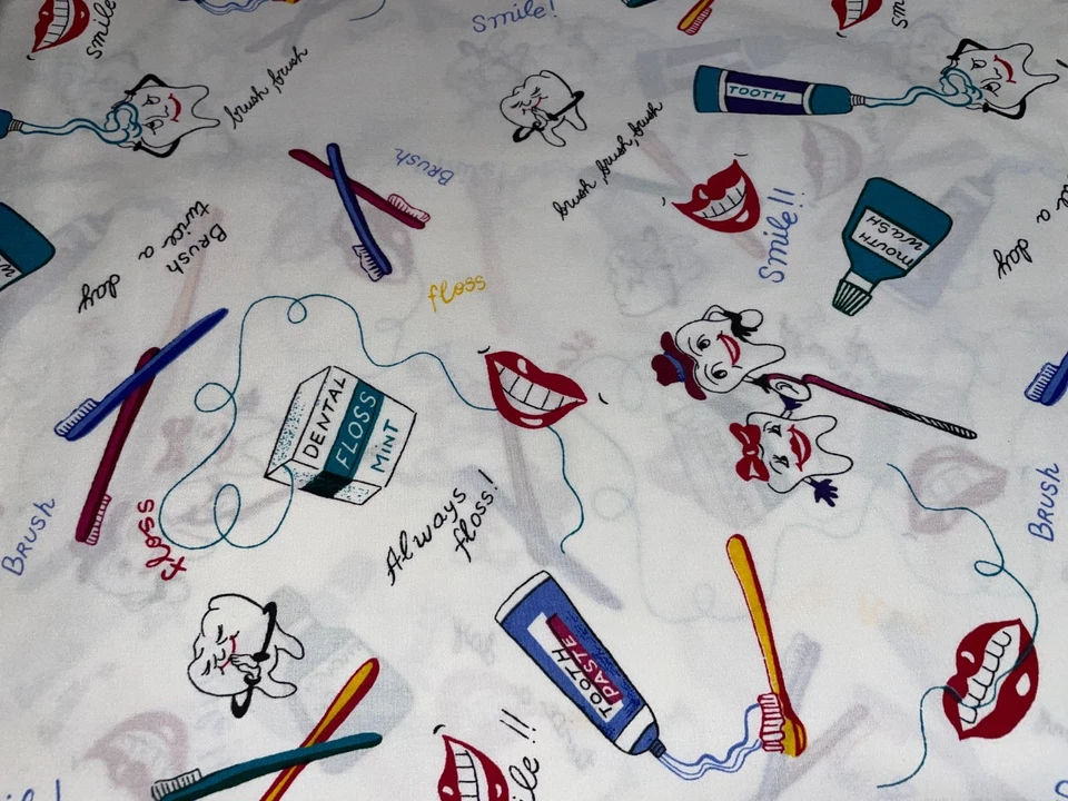 1 Yard X 62" DENTAL Themed Cotton Fabric Teeth Toothbrushes Floss Smile BTY - Image 2 of 4