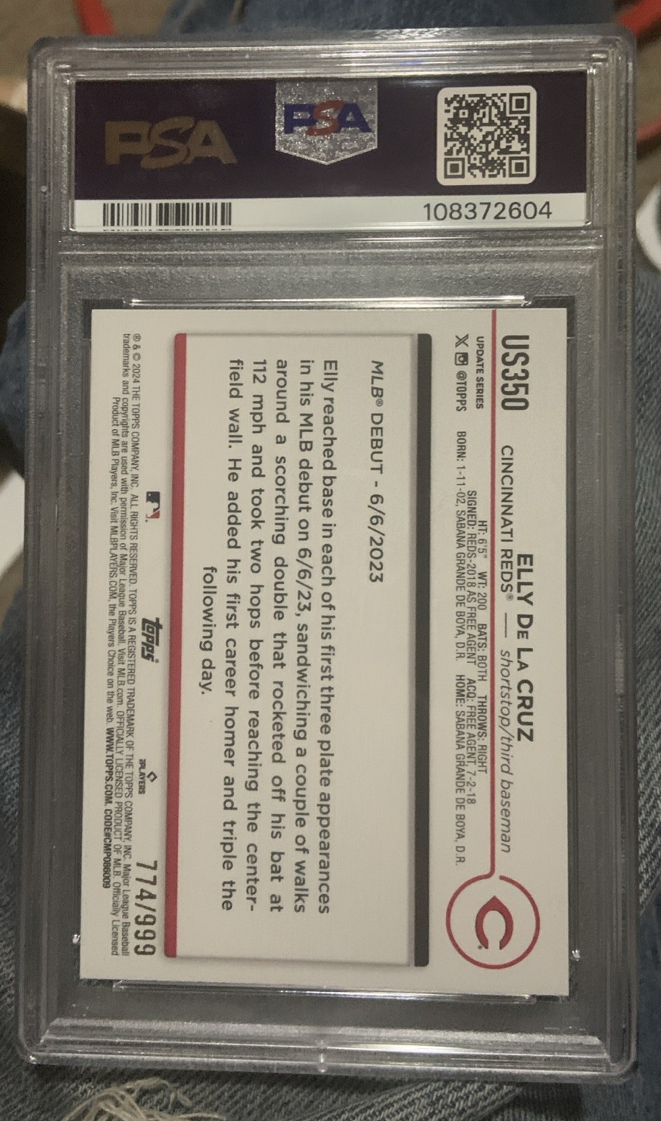 2024 Elly De La Cruz Blue Holo Rookie /999 PSA #US350 Reds view 3