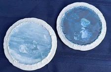 2 Antique / Vtg Blue & White Tea Trivets / Tiles; Little Girls at Beach, 1920's