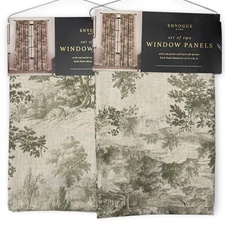 ENVOGUE Toile Mossy Green Natural Set of 4 Curtain Panels 84” Back Tab NEW