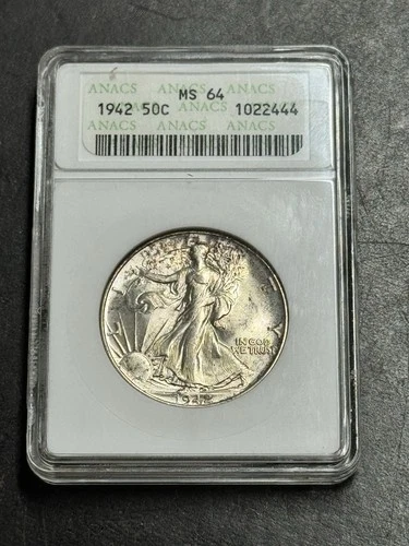 1942 P Walking Liberty Half Dollar ANACS MS64 Old Soapbox Holder BU Coin (1628)