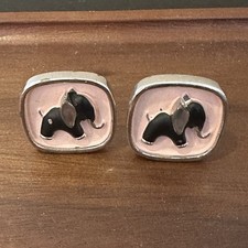Vintage Hickok Silver Tone Black Elephant Pink Enamel Cuff links MCM USA