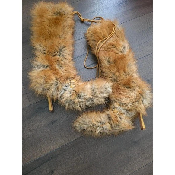 AZALEA WANG Akira LOURDANNE TAN FUR LACE UP STILETTO BOOT