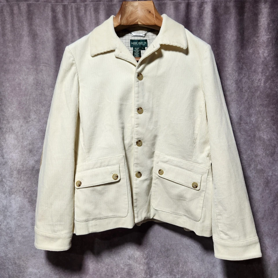 Lauren Ralph Lauren Corduroy Blazer/Jacket Suede elbow Patches Ivory sz L *Read* - Image 4 of 4