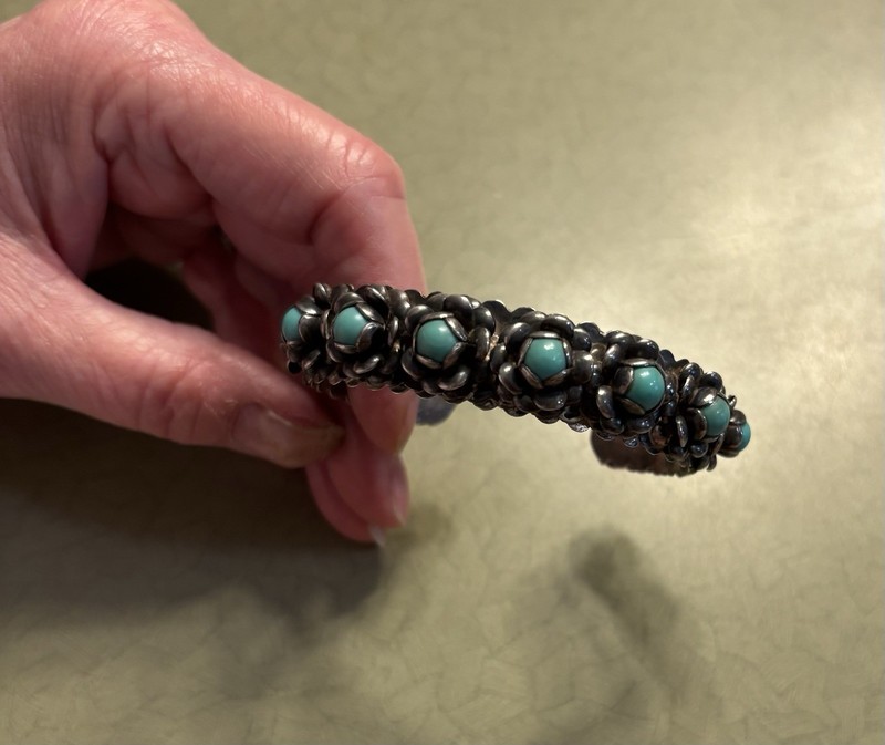 Sterling Silver Turquoise Cluster Cuff Bracelet Bezel Set Stackable Signed