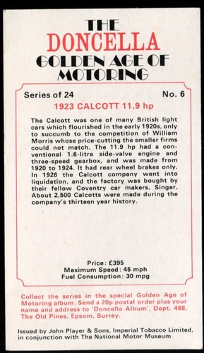 Tobacco Card, Doncella, GOLDEN AGE OF MOTORING, 1975, 1923 Calcott 11.9hp, #6 - Picture 2 of 2