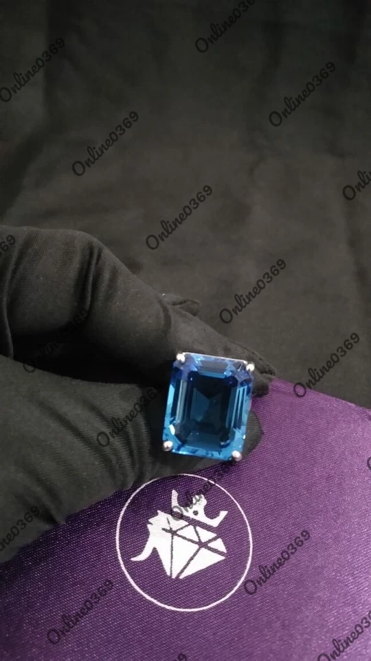 14k White Gold Plated Men's 925 Silver Classic Ring Simulated Swiss Blue Topaz - Image 3 of 4