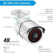 ZOSI 4K Ultra High Definition 8MP Waterproof Security Bullet CCTV Camera system