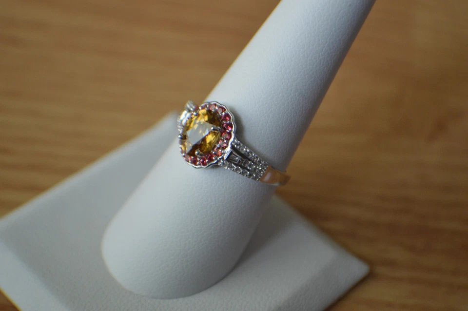 Anel de zircão amarelo/multigem 2,75 ct platina e ródio sobre prata fina tamanho 8 - Imagem 3 de 4