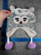L2D Beanie Toque Youth Girls One Size Multicolor Knit Polyester Sequin Ears Pom