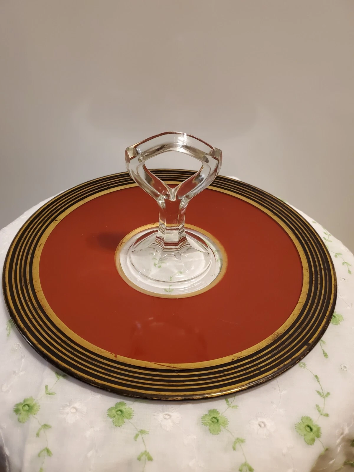SALE! WAS 50. VTG DEPRESSION ERA BURGUNDY/BLACK/GOLD SANDWICH SERVER/TIDBIT TRAY