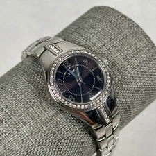 Timex Watch Women 25mm Round Pave Bezel Black Dial Silver Tone 6.25" New Battery