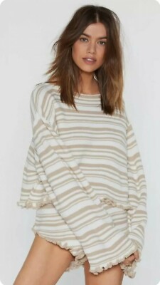 NastyGal Jump Into Bed Striped Lounge Set  Pajamas in Oatmeal Size Small
