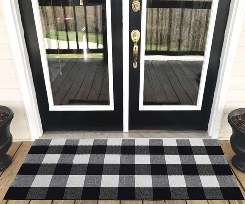 Buffalo Plaid Outdoor Rug - Retro Farmhouse Tartan Checkered Door Mat Black and
