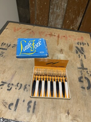 Vintage kleine Gabeln Dessertmesser Set Edelstahl schwarz-weißer Griff