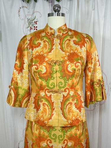 Vtg 60s Orange Paisley Silk Suit Maxi Skirt Jacket Asian Style Evening Bespoke 8 - Picture 5 of 10