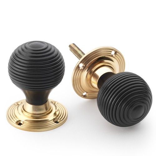 Pewter Cast Iron Davenport Rim Lock Ebony Wood Polished Brass Beehive Door Knobs - Picture 2 of 5