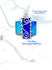 Two Blues Stain Glass Necklace with 16" silver chain with a 3" extension .