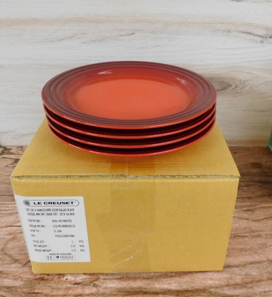 Le Creuset Stoneware 8.5-Inch Salad Plates Set of 4, Cerise Red - NEW