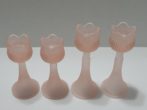 Set of 4 Vintage Tiara Exclusive Pink Frosted Satin Tulip Canle Holders - Picture 12 of 12