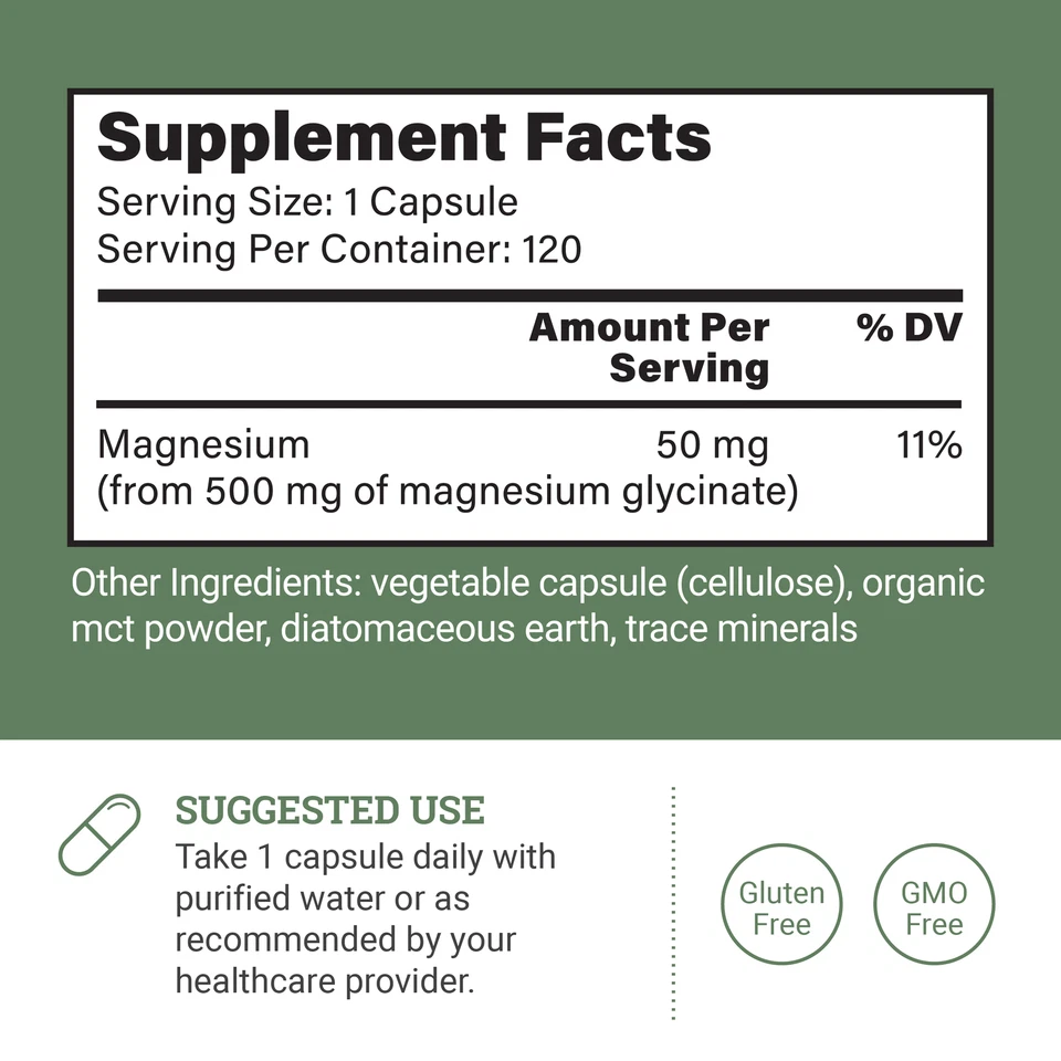 Earth Harmony Magnesium Glycinate 500mg, 2-Pack - 120 Capsules Per Bottle - Image 2 of 4