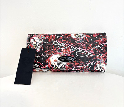 ED HARDY Wallet Flap Over Clutch Skulls Tatoo, Logo w/Rhinestones Y2K Design NWT