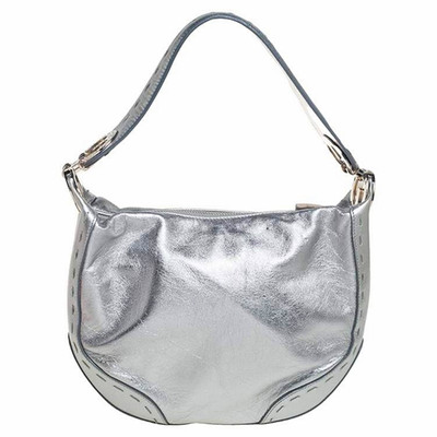 Escada Metallic Silver Crescent HoboShoulder Bag Zip Top Red Lining med / large