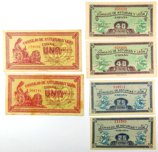 ND(1937) Spain Provinces of Asturias & León 25 40 Céntimos & 1 Peseta Note Lot