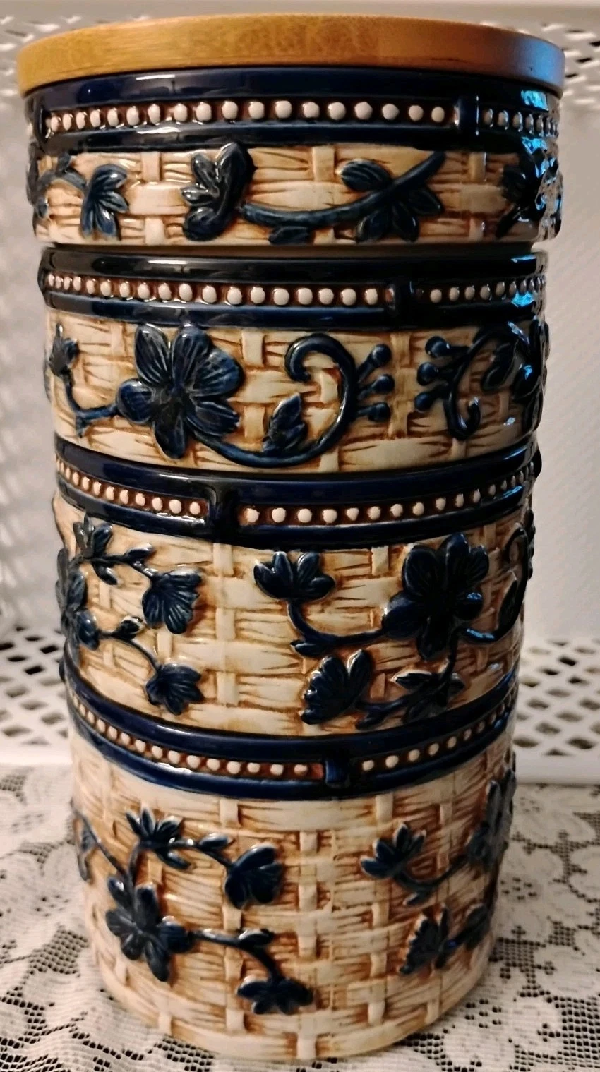 Temptations BLUE Basket Weave Round Stackable CANISTER Trinket Set - 5pc Rare