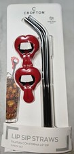 Crofton Lip Shaped Reusable Straws Set Red Silver Black w/ Cleaning Brush