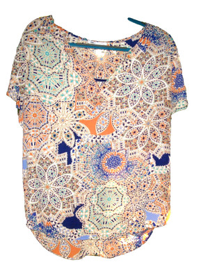 DR 2 Womens Blouse Size XL Orange/Blue Cap Sleeve Abstract Mosaic V Neck