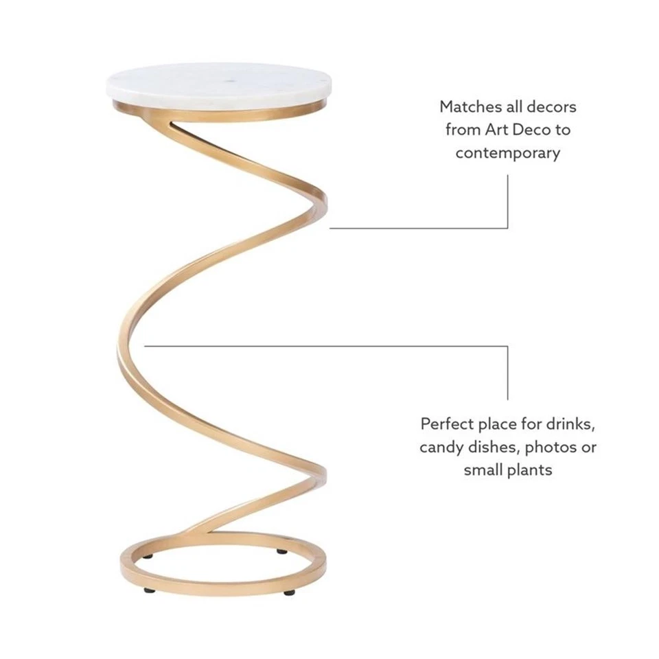 Mesa de Bebida Redonda Linon Atlee Mármol Blanco 10.5" con Base Espiral de Hierro en Dorado Foto 4 de 4