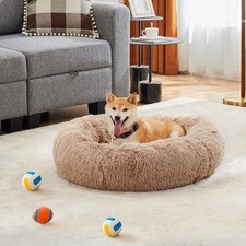 Large Calming Donut Pet Bed 36" Round,Fluffy,Anti-Anxiety,Machine Washable,Brown