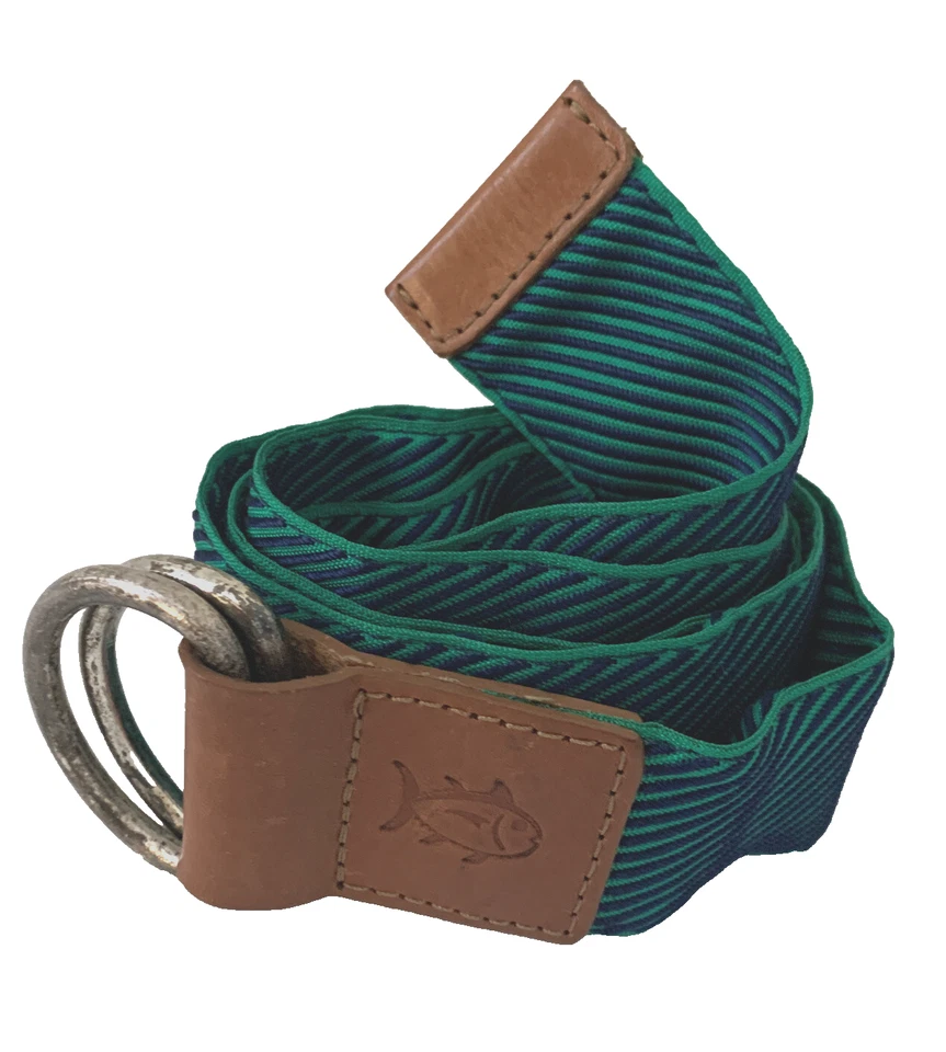 Southern Tide Belt Mens Preppy D Ring Ribbon Fish Logo Brown Green SIze Small - Image 3 of 4