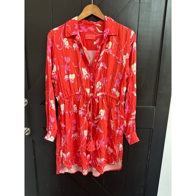 Maaji Floral Button Up Mini Dress Red Pink   Size L Cover Up Resort Beach
