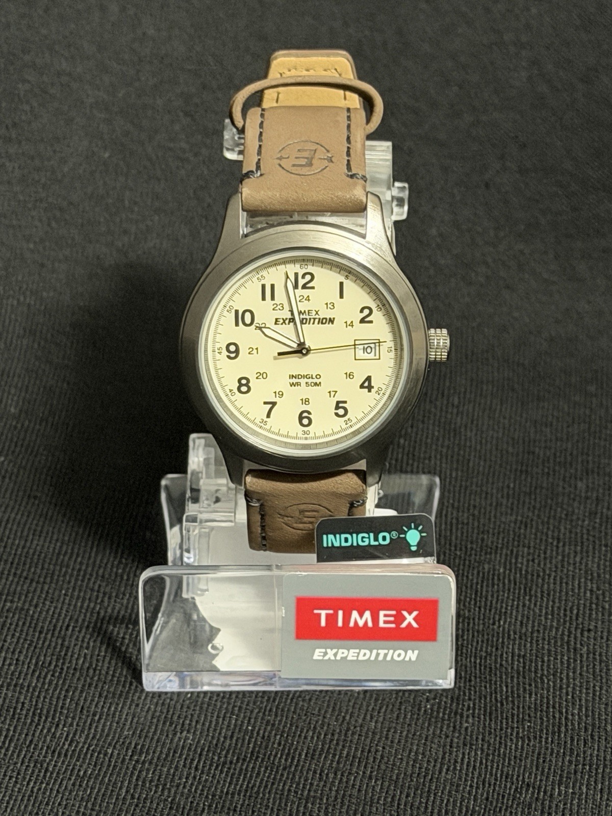 Timex T49870, Men's "Expedition" Brown Leather Watch, Indiglo, Date, NEW