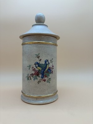 Vintage 1978 Bluebird Ceramic Jar Hand Painted Signed Rosemary Gold Trim