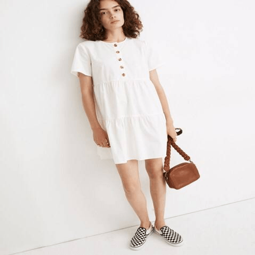Madewell size M White Button-Front Short-Sleeve Tiered Mini Dress - Picture 1 of 7