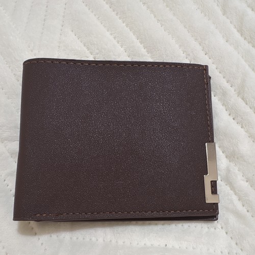 Men’s Brown faux Leather Bifold Wallet, ID Window & Metal Accent