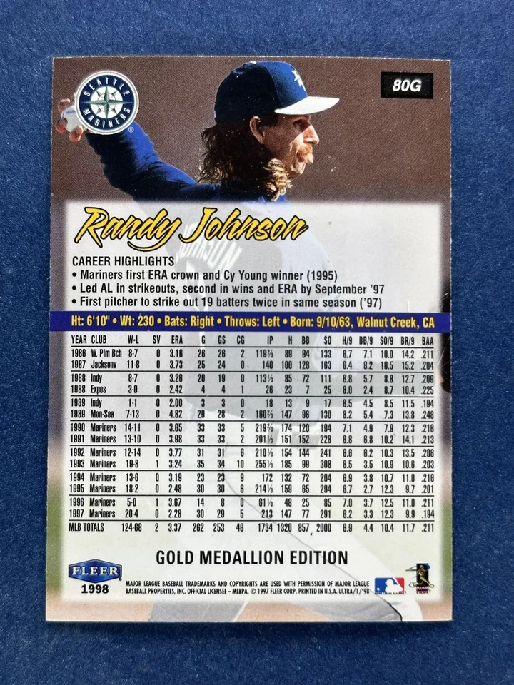 1998 Fleer Ultra Gold Medallion #80 Randy Johnson Seattle Mariners - Image 2 of 2