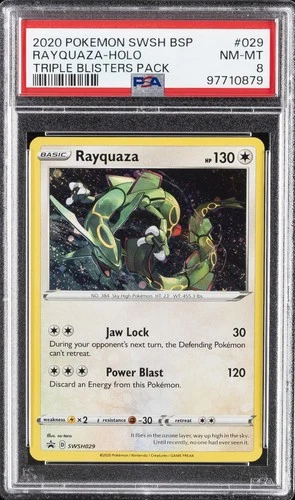 2020 POKEMON SWSH BLACK STAR PROMO TRIPLE BLISTERS PACK #029 RAYQUAZA-HOLO PSA 8