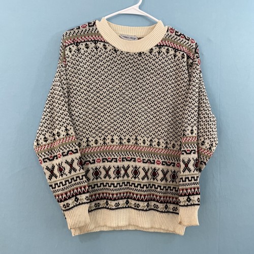 CABIN CREEK Sweater Men L Fair Isle Vintage Made USA Cream Multi Holliday Knit - Picture 15 of 20