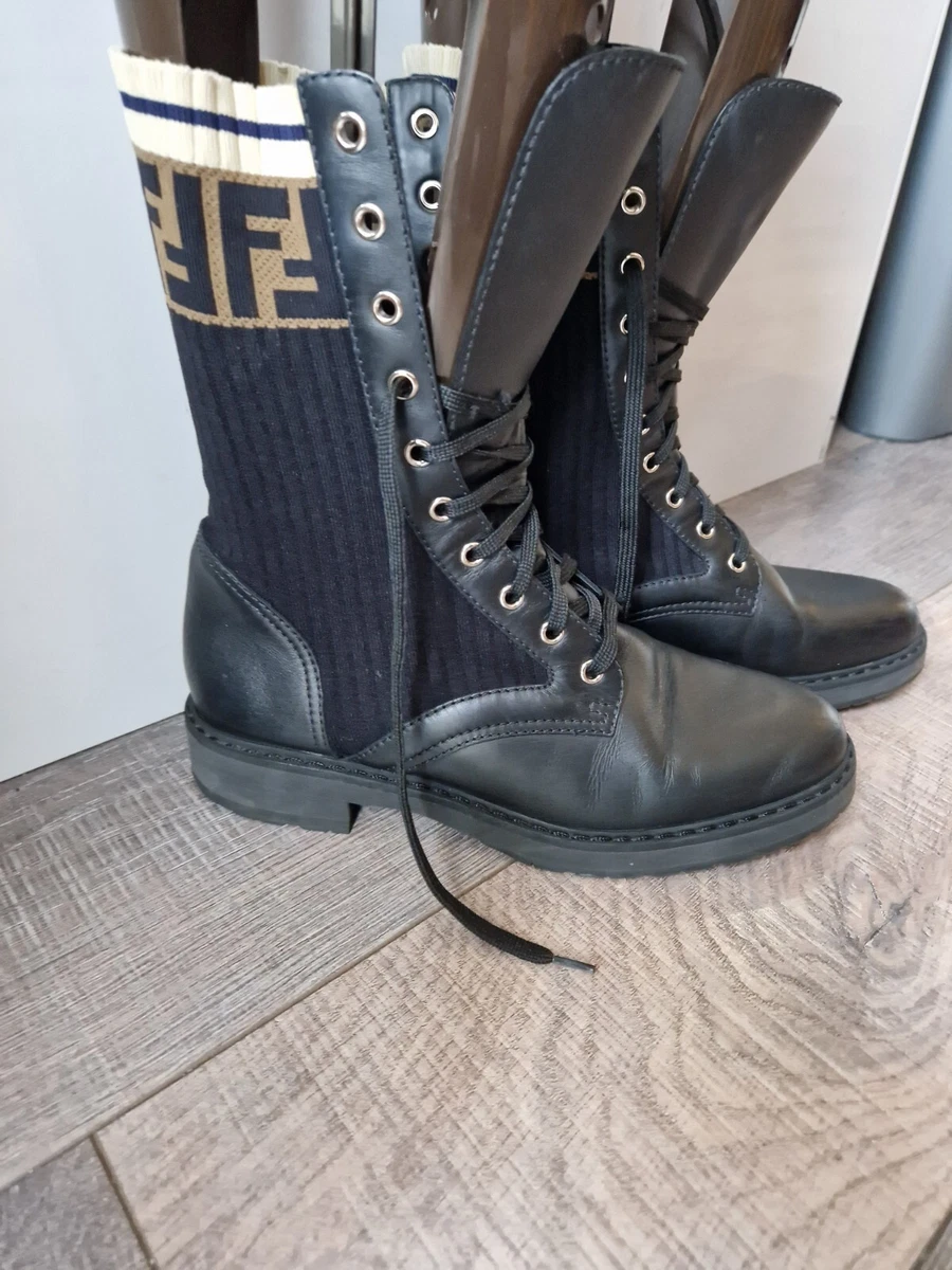 Fendi rockoko leather and knit best sale combat boots