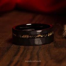 Meteorite Black Faceted & 24K Gold Leaf Tungsten Men's Band Ring, Comfort Fit