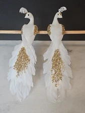 2 Pier 1 Imports 12" White Gold Beaded Feather Peacock Christmas Clip Ornament
