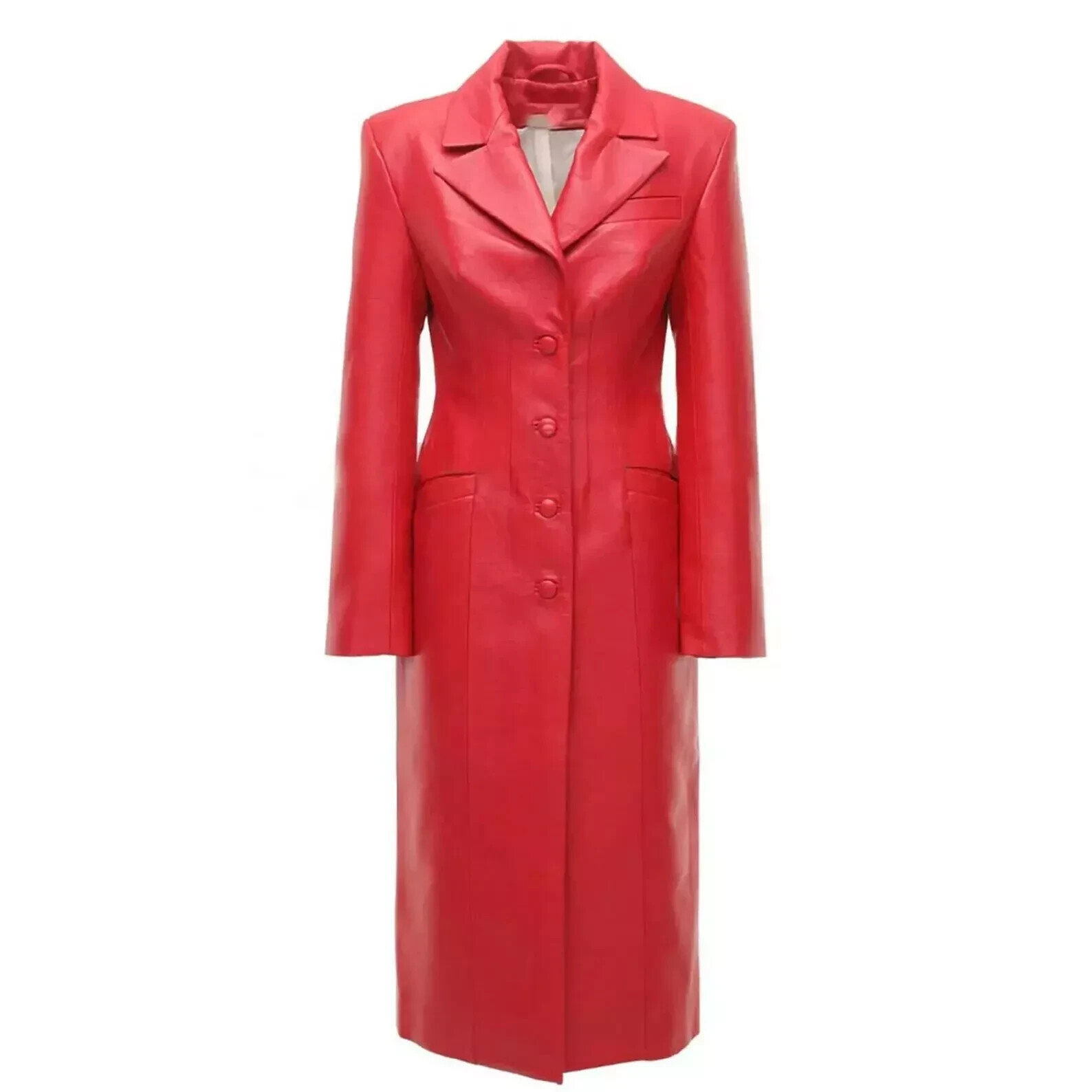 Designer Women's Stylish Trench Coat Red Handmade Lambskin Leather Party Soft