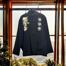 Asian Tang Silk Dragon Jacket Black Gold Embroidery Frog Loop Fits Adult M/L