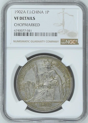 1902A French Indo-China 1 Piastre Silver Coin Chopmarked - KM# 5a.1 NGC VF 40077