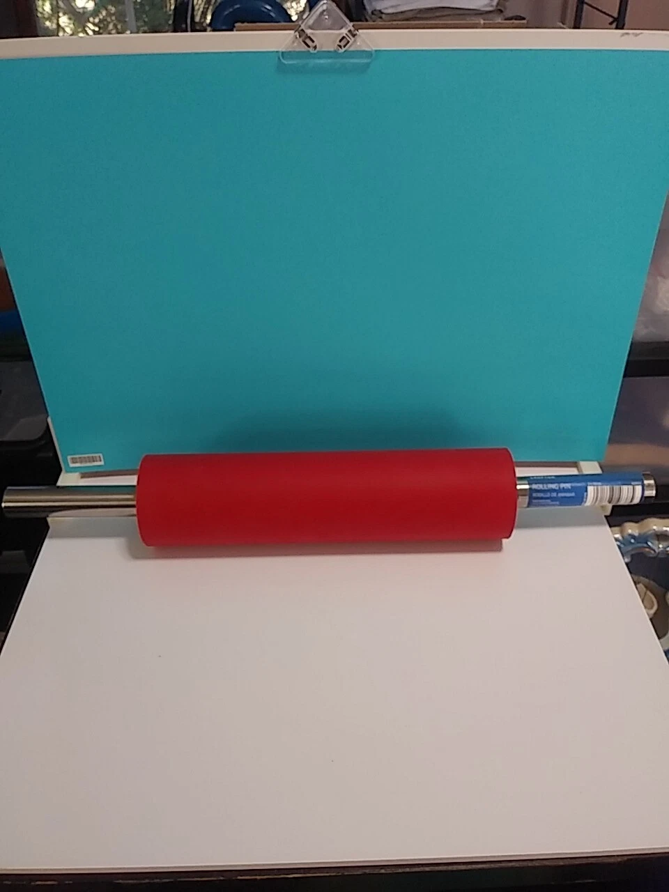 Crofton Red Silicone Silver Tone Metal Double Handle 42831 Rolling Pin 18" New